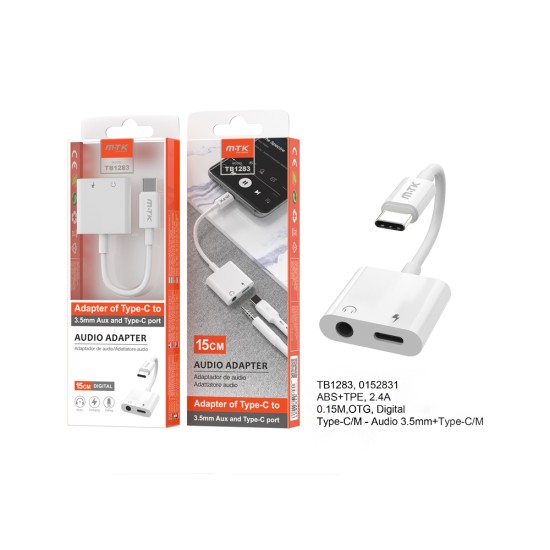 CABO ADAPTADOR DE ÁUDIO 2 EM 1 MTK TB1283 BL TIPO-C PARA 3,5MM ÁUDIO + TIPO-C PARA CARREGAR 0,15M BRANCO